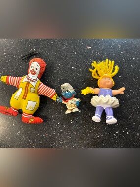 Lot of 3:  Ronald McDonald Plush, cabbage Patch figurine, Dr Smurf VINTAGE